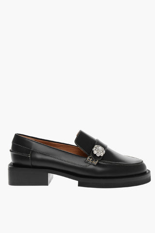 Squared Heel Leather Loafers with Jewel Detail 4cm