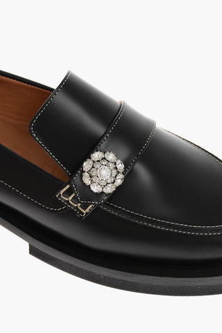 Squared Heel Leather Loafers with Jewel Detail 4cm
