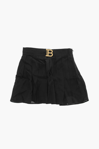 Silk Pleated Skirt with Golden Logo