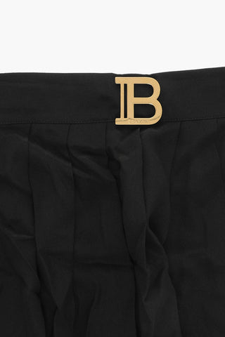 Silk Pleated Skirt with Golden Logo