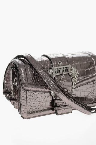 JEANS COUTURE Crocodile Effect Metallic Faux Leather Shoulder Bag with Maxi Buckle