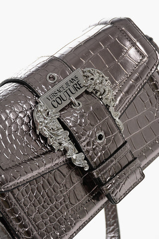 JEANS COUTURE Crocodile Effect Metallic Faux Leather Shoulder Bag with Maxi Buckle