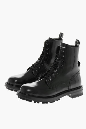 Leather Combat Boots with Logo Print