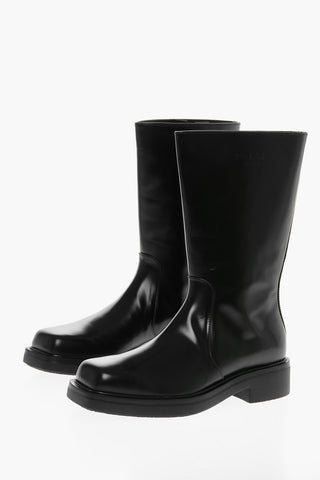 Leather Boots with Ton-sur-ton Embroidered Logo