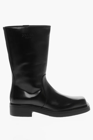 Leather Boots with Ton-sur-ton Embroidered Logo