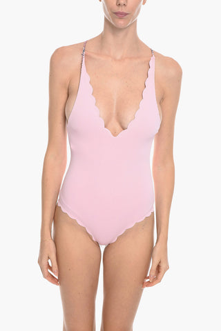 Scalloped Hem Reversible One Piece Swimsuit with Crisscrossing Straps