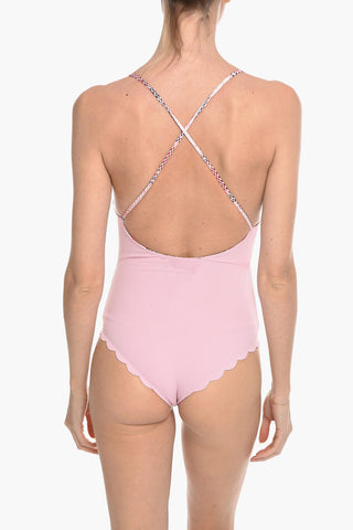 Scalloped Hem Reversible One Piece Swimsuit with Crisscrossing Straps