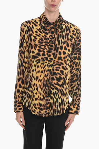 Spread Collar Silk Shirt with Leopard Motif