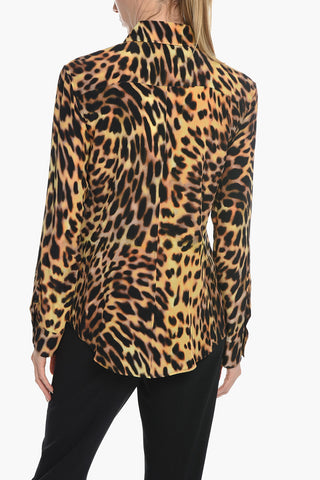 Spread Collar Silk Shirt with Leopard Motif