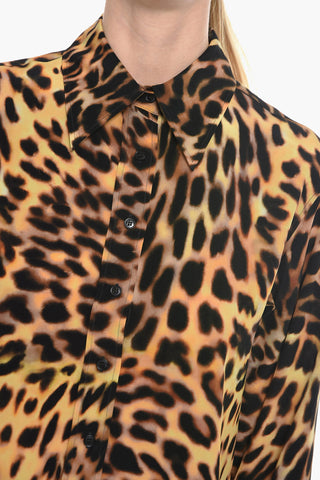 Spread Collar Silk Shirt with Leopard Motif