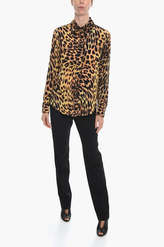 Spread Collar Silk Shirt with Leopard Motif