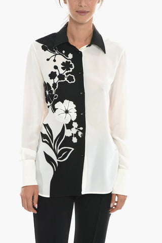 Two-tone Silk Shirt with Floral Embroidery