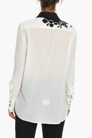 Two-tone Silk Shirt with Floral Embroidery