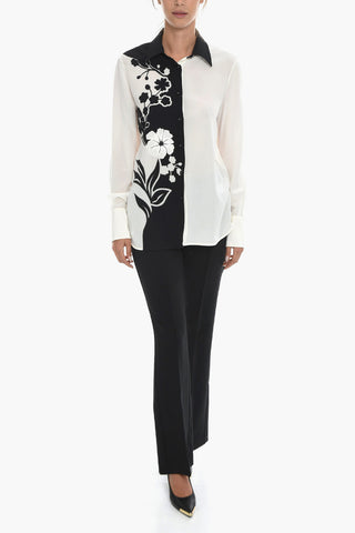 Two-tone Silk Shirt with Floral Embroidery