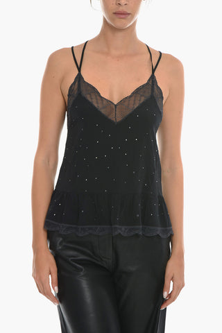 All Over Rhinestone Silk CELEST Top with Lace Details