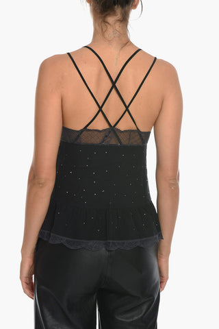 All Over Rhinestone Silk CELEST Top with Lace Details