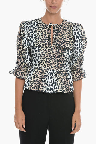 Animal Motif EMILY Tie Neck Blouse with Cut Out and Ruffle Details