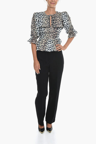 Animal Motif EMILY Tie Neck Blouse with Cut Out and Ruffle Details