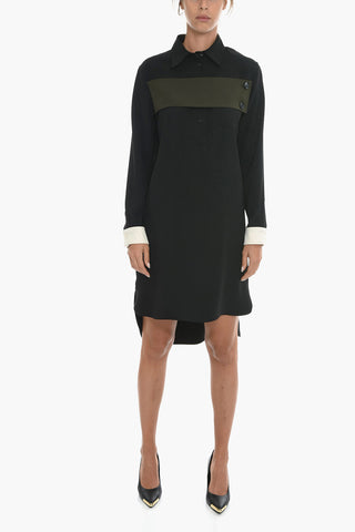 Gabardine Asymmetric Midi Dress with Buttoned Detail