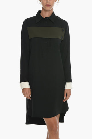 Gabardine Asymmetric Midi Dress with Buttoned Detail