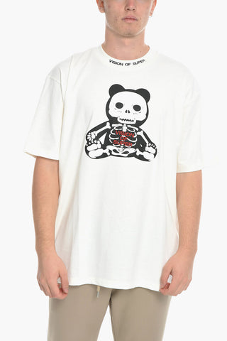 Crew Neck Cotton T-shirt with Embossed Print