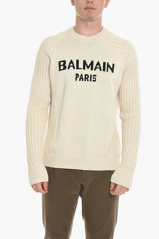Crew Neck Cotton Sweater with Jacquard Logo