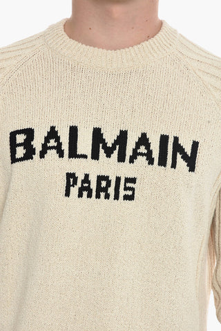 Crew Neck Cotton Sweater with Jacquard Logo