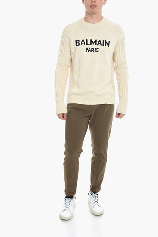Crew Neck Cotton Sweater with Jacquard Logo
