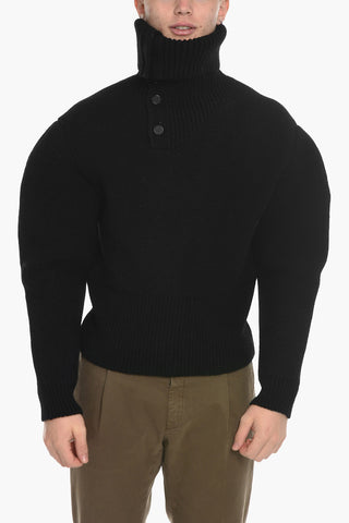 Maglione In Lana DOUBLE FACE SHETLAND con Collo Alto Abbottonato