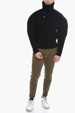 Maglione In Lana DOUBLE FACE SHETLAND con Collo Alto Abbottonato