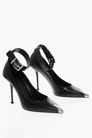 Ankle Strap Leather Pumps with Shiny Stiletto Heel 11cm