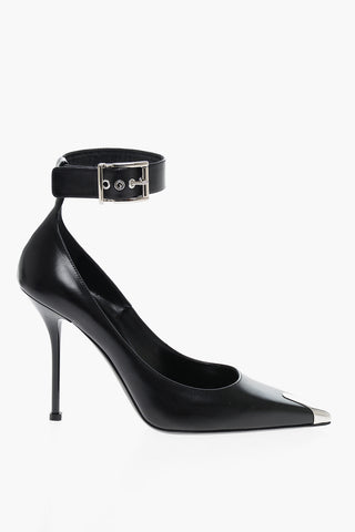 Ankle Strap Leather Pumps with Shiny Stiletto Heel 11cm