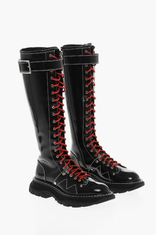 Lace-up Leather Knee-length Combat Boots with Side Zip