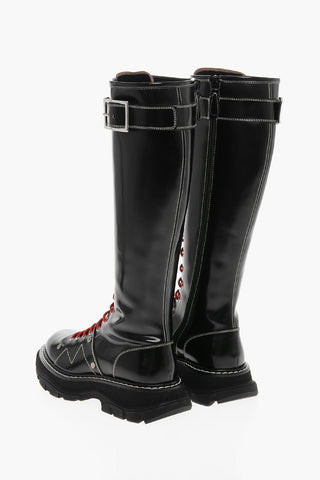 Lace-up Leather Knee-length Combat Boots with Side Zip