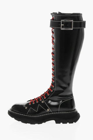 Lace-up Leather Knee-length Combat Boots with Side Zip