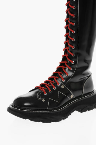 Lace-up Leather Knee-length Combat Boots with Side Zip
