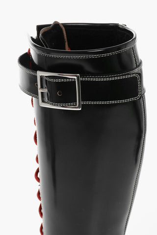 Lace-up Leather Knee-length Combat Boots with Side Zip