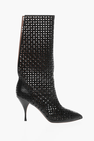 Spool Heel Perforated Leather Boots 9,5cm