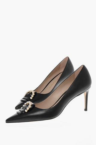 Stiletto Heel Leather PEARL BUCKLE Pumps with Jewel Buckle 8cm
