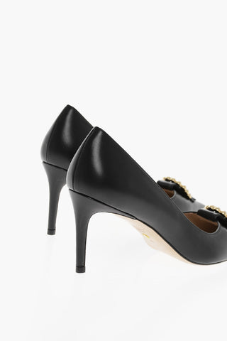 Stiletto Heel Leather PEARL BUCKLE Pumps with Jewel Buckle 8cm