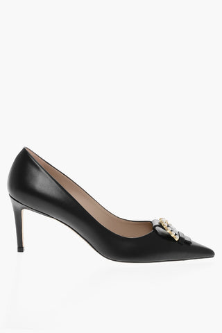 Stiletto Heel Leather PEARL BUCKLE Pumps with Jewel Buckle 8cm