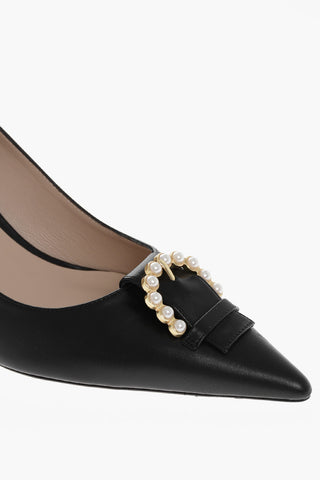 Stiletto Heel Leather PEARL BUCKLE Pumps with Jewel Buckle 8cm