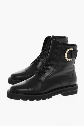 Lace-up PIPER LIFT Leather Combat Booties with Pearl Buckle