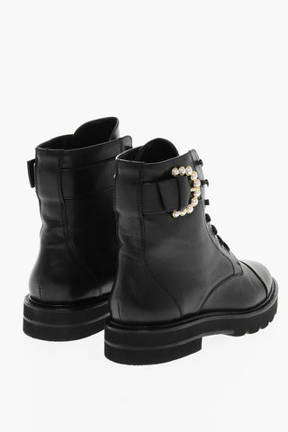Lace-up PIPER LIFT Leather Combat Booties with Pearl Buckle