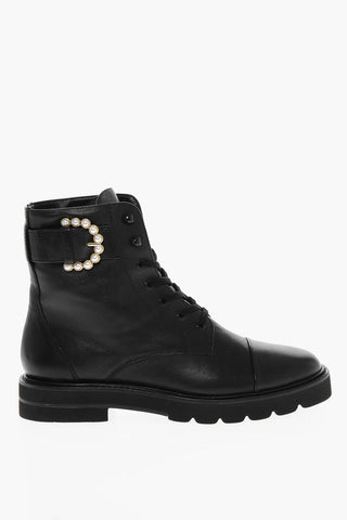 Lace-up PIPER LIFT Leather Combat Booties with Pearl Buckle