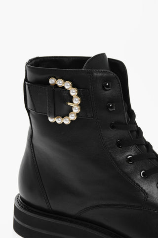Lace-up PIPER LIFT Leather Combat Booties with Pearl Buckle