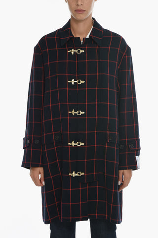 Windowpane Check Oversized Coat with Frogs
