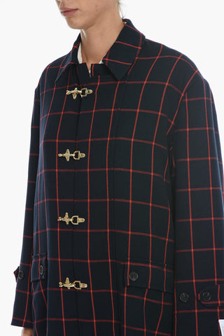 Windowpane Check Oversized Coat with Frogs