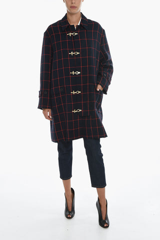 Windowpane Check Oversized Coat with Frogs