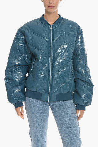 Eco-patent Leather Padded Bomber Jacket with Python Effect